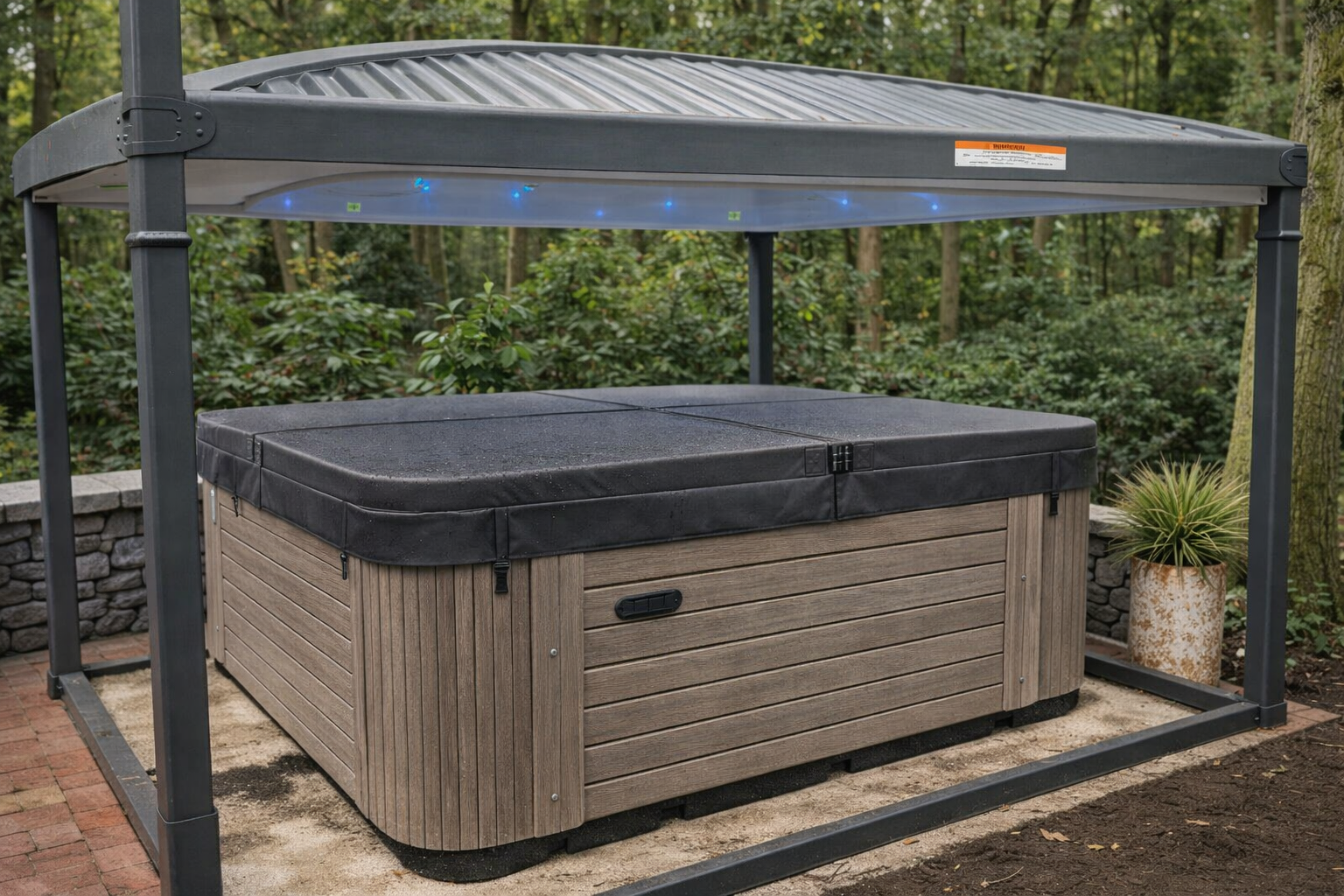 Bubbelbad onder een modern prieel Spa onder overkapping met spa cover